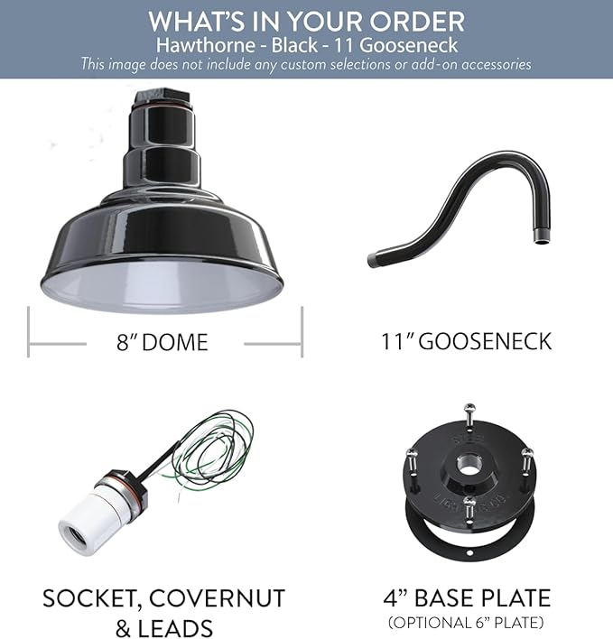 Steel Lighting Co. Hawthorne Barn Light | Outdoor Wall Mounted | 8 inch Dome | 11 inch Gooseneck| Small Farmhouse Light Made in America | Black Exterior/White Interior