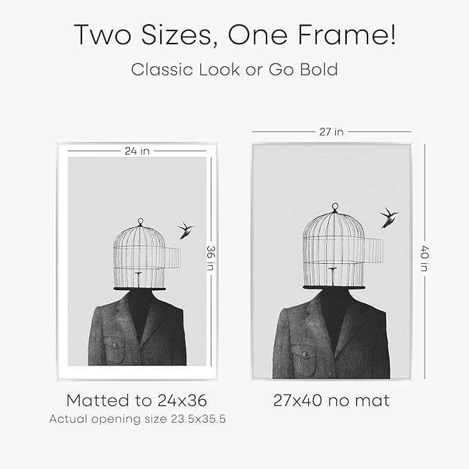 Homeforia Silver Poster Frame 27x40, High End Metal Large Picture Frame with Mat 24 x 36 Photo, Silver Movie Frames Matted to 24x36, 40x27 Thin Frames, Tempered Glass, Wall Kit, Set of 1