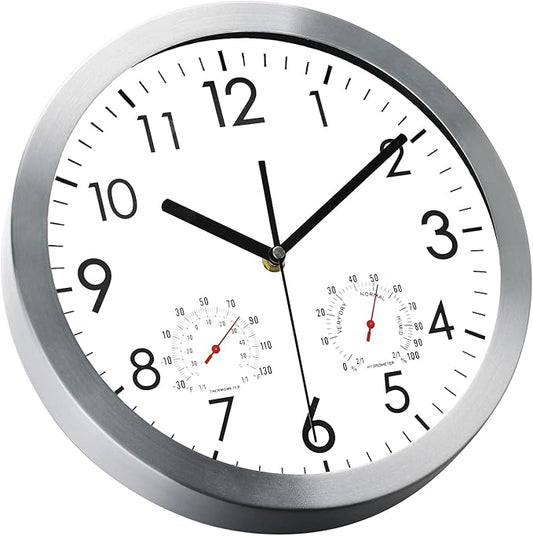 WOOPHEN 12 Inch Wall Clock with Temperature and Humidity, Battery Operated Non Ticking Silent Metal Frame Wall Clocks for Office, Home, Bathroom, Kitchen, Bedroom, School, Living Room(Silver)