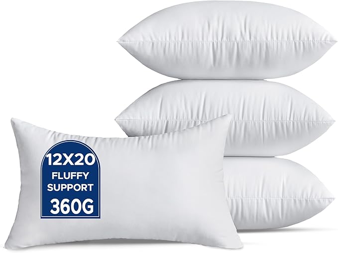 12 x 20 Throw Pillow Inserts Pack of 4 Small White Decorative Lumbar Pillows for Living Room Couch Bed Sofa Rectangle Cushion Sham Stuffer Indoor
