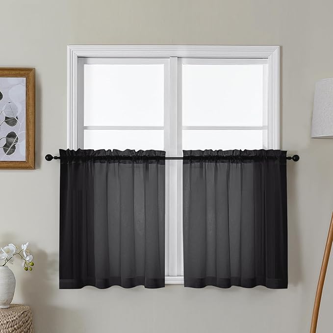 Gwine Black Sheer Curtain Tiers 24 Inch Length, Light Filtering Voile Short Curtain for Living Room Bedroom, Rod Pocket Cafe Curtains for Small Windows 42x24 Inch, 2PCS