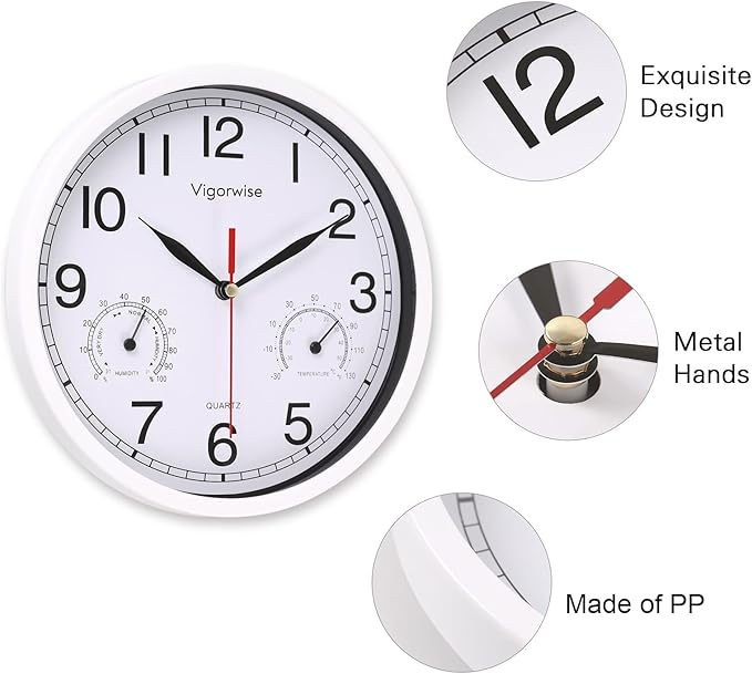8 Inch White Wall Clock, Sweep Silent Movement Accurate Clocks with Temperature & Humidity, Decorative for Kitchen/Living Room/Bedroom/Office/School/Classroom