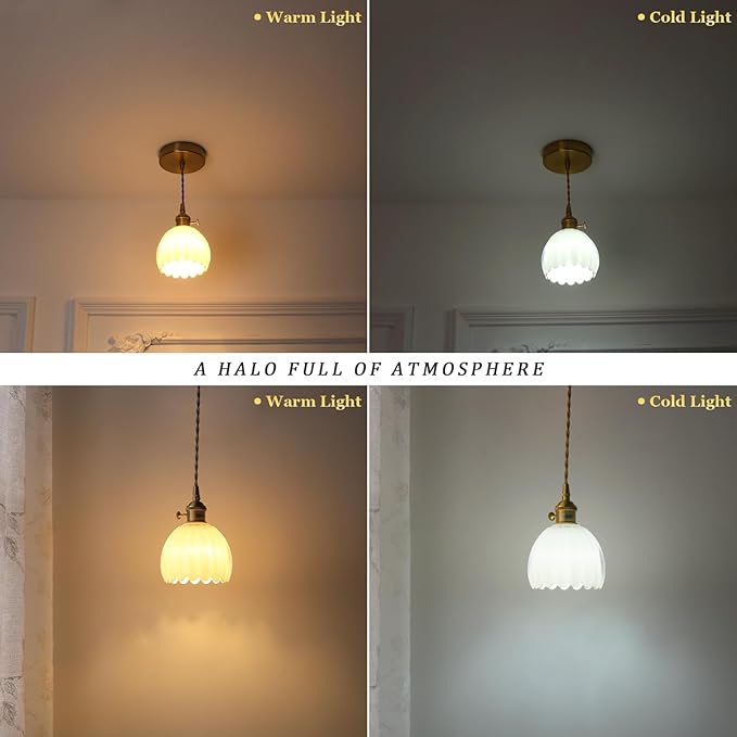 Pendant Light 2 Pack with White Tulip Glass Lmapshade, Brass Vintage Pendant Light Adjustable Hanging Light for Kitchen Island Dining Room Hallway