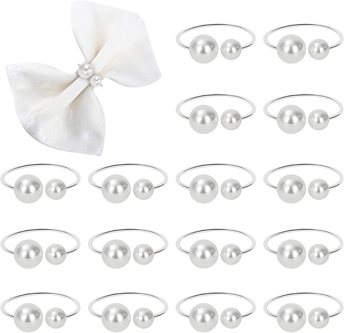 KPOSIYA Pearl Napkin Rings - Set of 20 Silver Napkin Holder Table Napkin Buckles for Dinning Table Setting Christmas Wedding Party Supplies (Pearl-Silver 20)