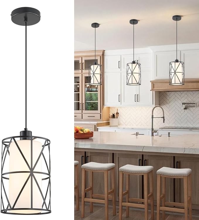 Industrial Black Pendant Lights, Modern Kitchen Island Farmhouse Hanging Light with Milk Glass for Hallway Sink Dining Room Bedroom