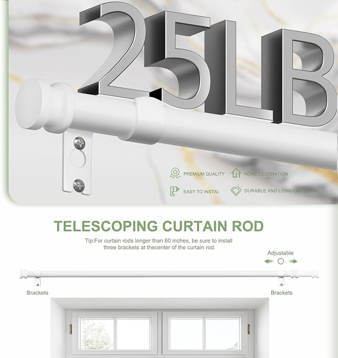 Sturdy Durable Curtain Rod:White Curtain Rods for Windows 18-45 Inch,Adjustable Heavy Duty Curtains Rod for Bedroom/Kitchen/Dorm/Apartment/Door,Small Modern Decorative Drapery Rods (All-Metal)