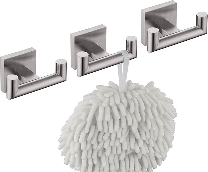 KOKOSIRI Robe Hook Bathroom Double Towel Coat Hooks for Bath Kitchen Wall Mounted, 3 Pack Brushed Nickel Stainless Steel B1015BR-P3