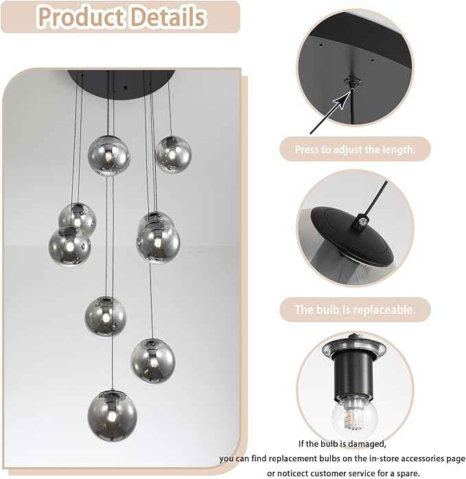 6-Light Globe Glass Pendant Light Modern Smoke Gray Glass Globe Chandelier Large Chandeliers for High Ceilings Entryway Adjustable Hanging Light for Living Room Foyer Hallway