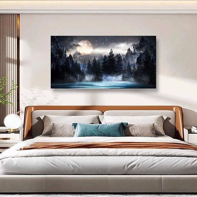 Mountain Moon Pictures Canvas Wall Art for Living room Office Bedroom Wall Decor,Moon Wall Art Print Paintings Modern Forest Nature Blue Lake Artwork Waterproof Ready to Hang-28X57 inch