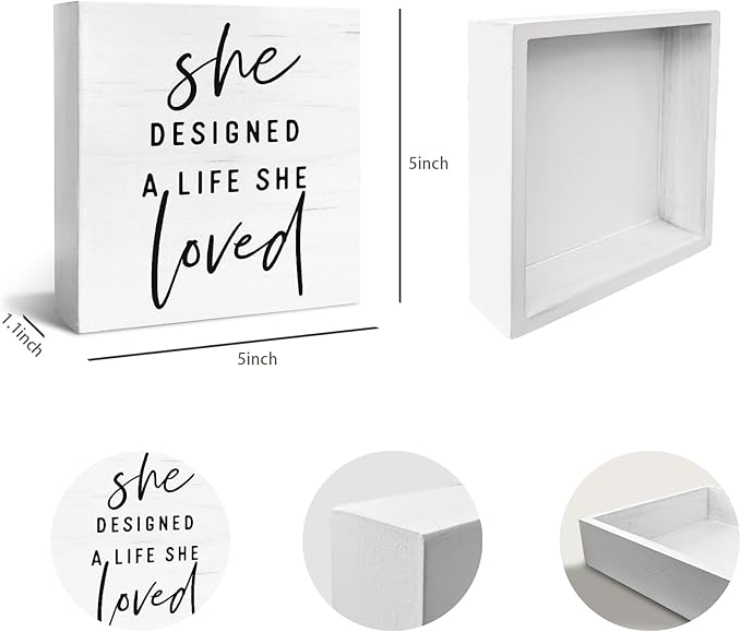 JXREQ Girls Inspirational Wood Box Sign Desk Decor 5x5 Inch, She Designed a Life She Loved Wood Box Decorations for Home Girls Room Dorm Office Tabletop Shelf Decor