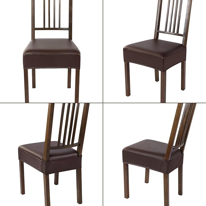 SearchI Waterproof PU Dining Chair Seat Covers Set of 4, Soft Removable Washable Seat Covers for Dining Chairs, Dining Room Seat Cover Slipcover Protector (Rear-Covered, PU Brown)