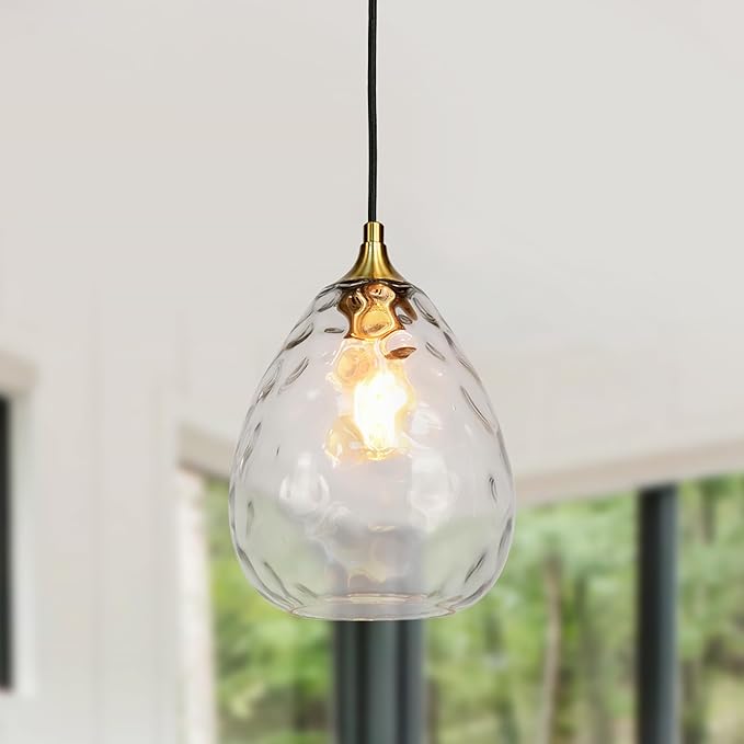 Gold Pendant Lighting with Clear Hammered Glass Shade, 1-Light Art Deco Hanging Lamp for Kitchen Island, Dining Room, Bedroom (Clear Glass Shade)
