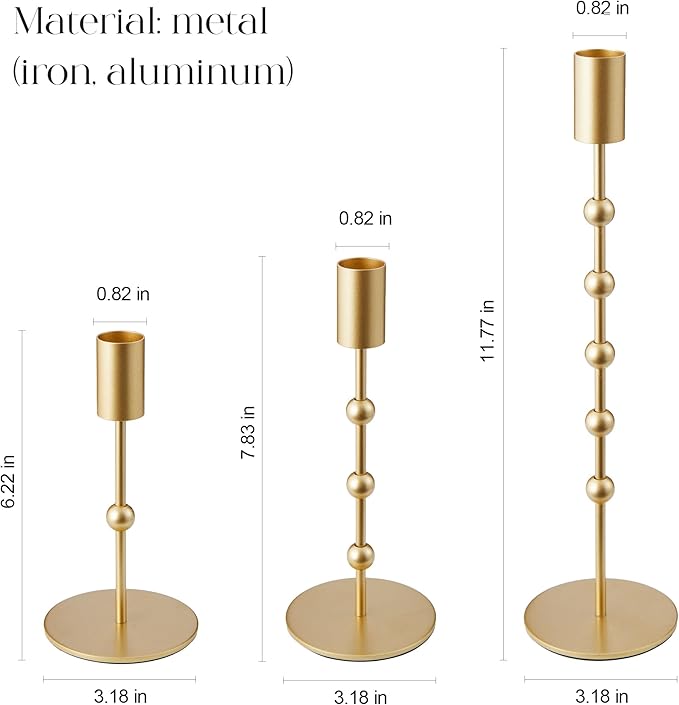 DN DECONATION Gold Candle Holders, Vintage Metal Beaded Taper Candlestick Holders Set of 3 for Wedding, Home Decor, Pillar Candle Sticks Holder Fall Decor for Halloween Table Centerpieces