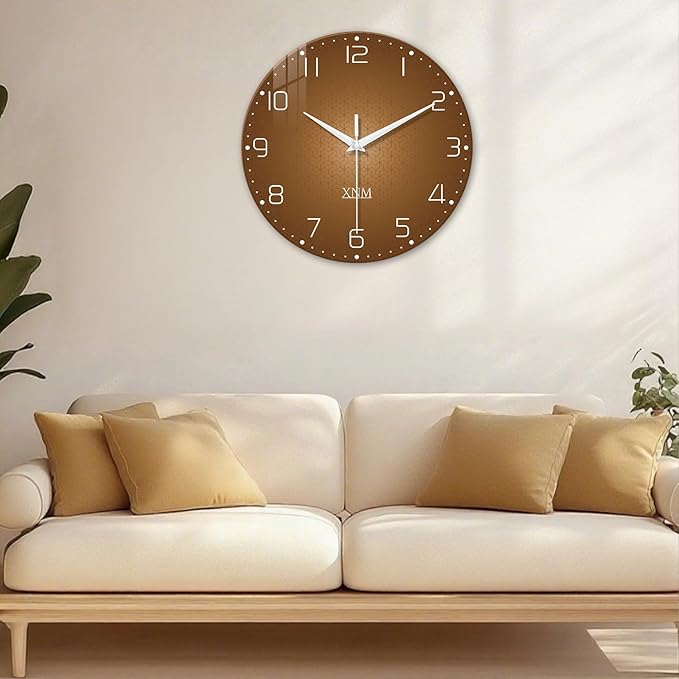 XNM Minimalist Wall Clock for Office Round Brown Wall Clock Battery Operated 20 Inch Glass Big Silent Clock Analog