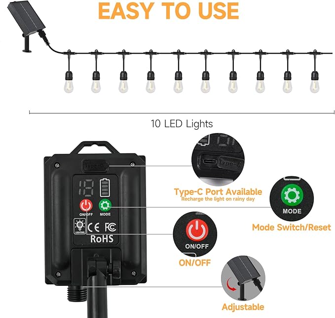 15FT Solar String Lights Waterproof for Outdoor, Patio Lights Solar Powered with USB Port, LED Shatterproof Bulbs,8 Lighting Modes,Solar Light for Camping Backyard Garden (Bulb-Warm White)