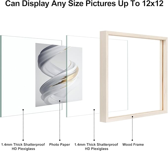 Egofine 12x12 Floating Frames Set of 2, Double Plexiglass Picture Frame, Made of Solid Wood Display Any Size Photos up to 12x12, Wall Mount or Tabletop Standing, Beige