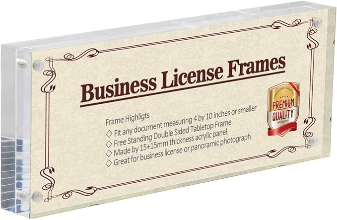 NIUBEE 4x10 Business License Frame, Clear Acrylic Panoramic Photograph Picture Frame with Gift Box Package