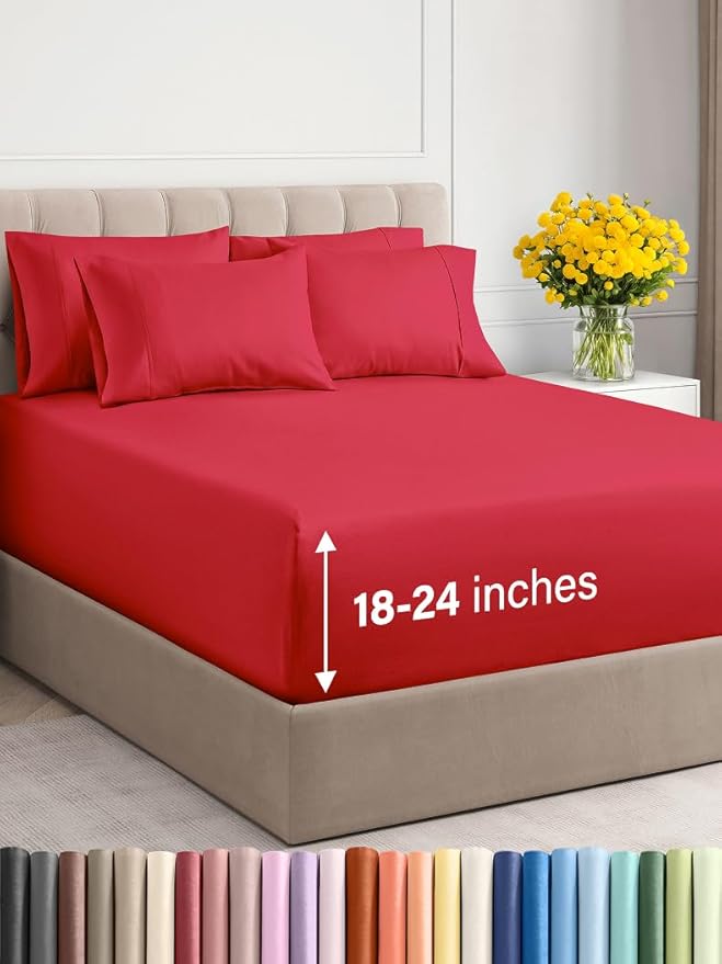 Extra Deep King Sheet Set - 6 Piece Breathable and Cooling Sheets - Hotel Luxury Bed Sheets Set - Easy & Secure Fit - Soft, Wrinkle Free and Comfy Sheets Set - Red Sheet Set with Extra Deep Pockets