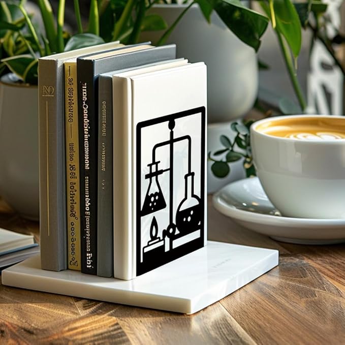 Peacoblue Metal Bookends for Shelves, Modern Decorative Heavy Duty Study Book Support Stoppers for Office, Desk, Shelf, Room 5.3"x4.3"x7.9" Cast Iron Bookends, 1 Pair (Chemistry and Lab Bottles)