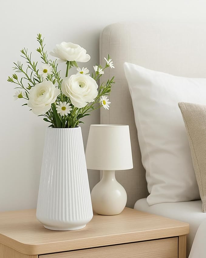 White Ceramic Vase – Frosted Elegant Flower Vase for Pampas Grass, Dried or Fresh Flowers, Modern Minimalist Farmhouse Home Decor for Living Room, Dining Table, Wedding Centerpiece