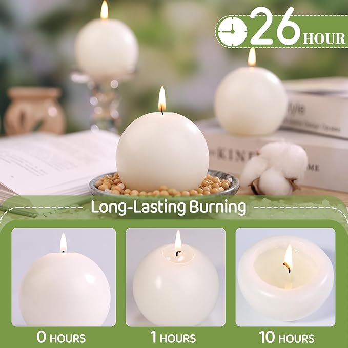 3 Inch White Round Ball Candles,Elegant Round Pillar Candles,Hand-Poured Natural Soy Candle,26 H Long Burning Time-Dripless Smokeless Candles Dinner Table,for Wedding,Christmas Home Decor 4 Pack