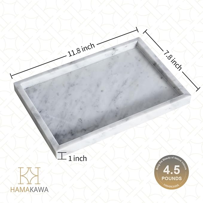 Large Bathroom Vanity Tray, Real Natural Marble Tray 12 inch, Carrara White Stone Toilet Tank Trays, Modern Dresser Trays, Countertop Organizer for Kitchen Counter, Soap Dispenser