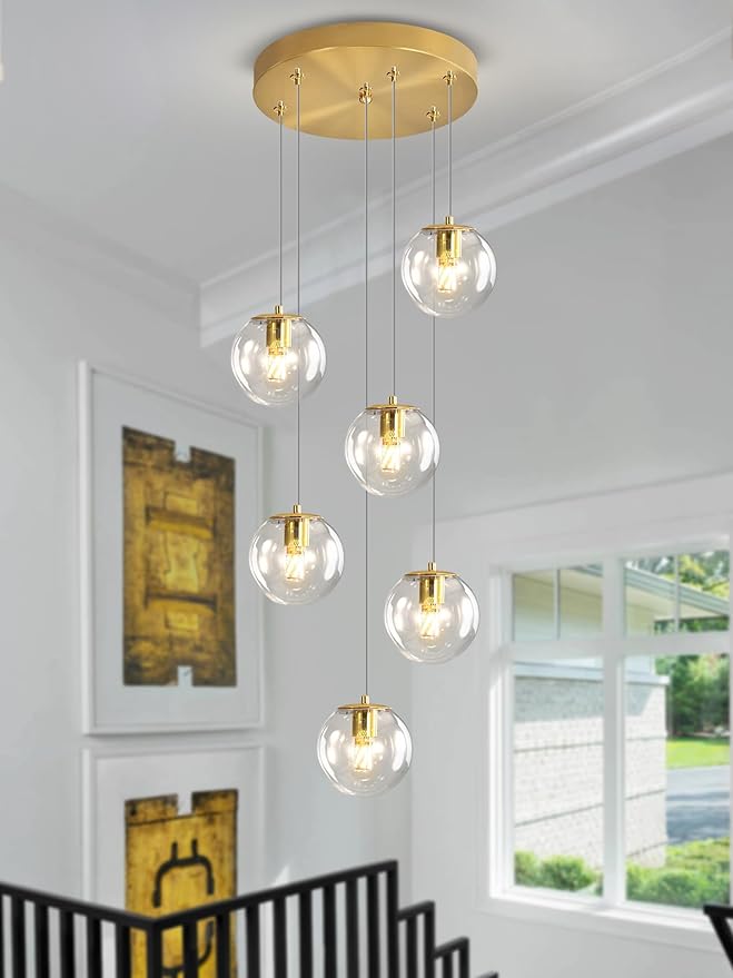 6-Light LED Staircase Modern Glass Globe Pendant Light Gold Chandeliers Large Chandeliers for High Ceilings, Entryway Lighting Fixture Villas and Stairs