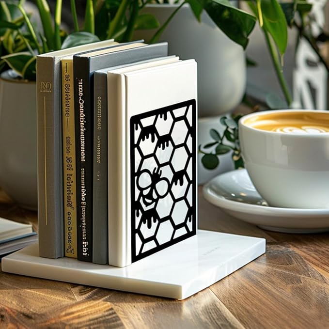 Peacoblue Metal Bookends for Shelves, Modern Decorative Heavy Duty Study Book Support Stoppers for Office, Desk, Shelf, Room 5.3"x4.3"x7.9" Cast Iron Simple Tall Bookends, 1 Pair (Beehive)
