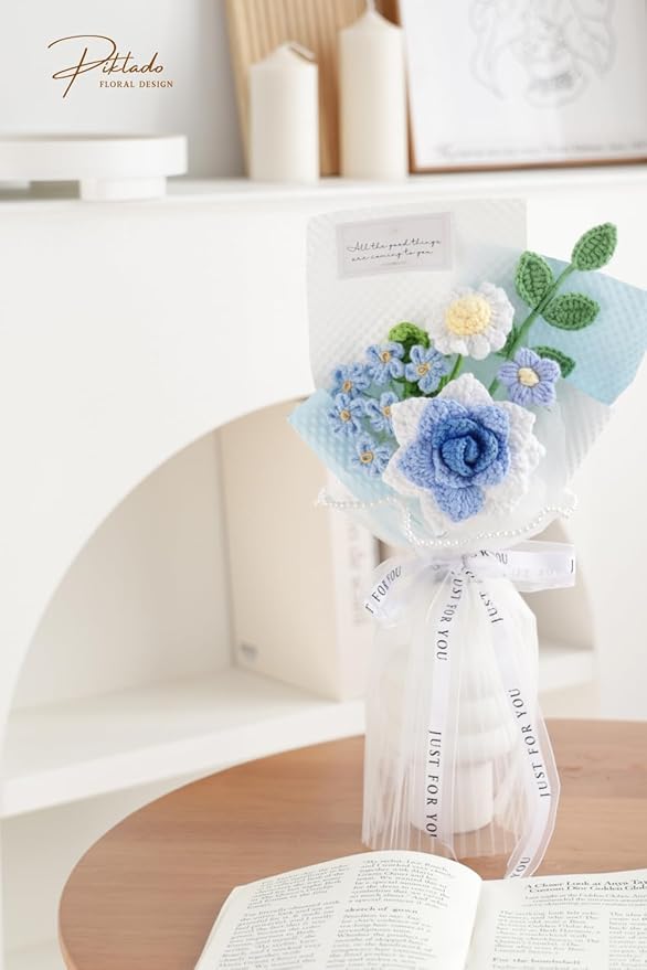 Hand-Woven Flower Bouquet Finished（1pcs） for Valentine's Day Girlfriend Birthday Gift Wedding Decoration Crochet Artificial Flower, Bouquet Gift (Blue)