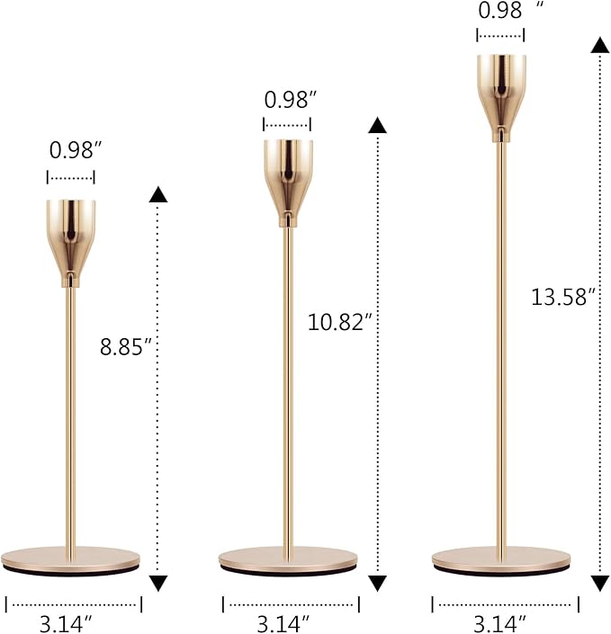 Gold Candle Holders Set of 3 Taper Candlestick Holders Vintage Metal Brass Modern Tall Pillar Mantle Candle Stand Decorative Candle Sticks Long Holders for Table Centerpiece Wedding Party Dinning