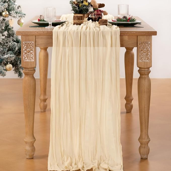MLMC Beige Cheesecloth Valentines Table Runner 10ft Cream Rustic Gauze Cheese Cloth Table Runner 35x120 Inches Sheer Cloth Centerpiece for Wedding Baby Bridal Shower Home Decor