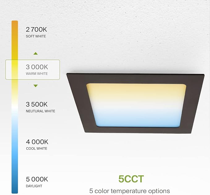ASD 12 Pack LED Square Recessed Lighting 6 Inch, 5 CCT 2700K-5000K, 15W 60W Eqv, Ultra Thin Dimmable Ceiling Lights with J Box, Canless Wafer Downlight, Slim Panel, UL Energy Star, Oil-Rubbed Bronze