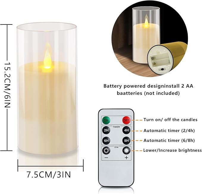 Flameless Candles 4" 5" 6" Set of 3 Acrylic Glass Pillars 3" Diameter Battery Operated Flickering Candles Include 10-Key Remote with Timer Function 400+ Hours (Pure White, Warm Light 2 Pack)