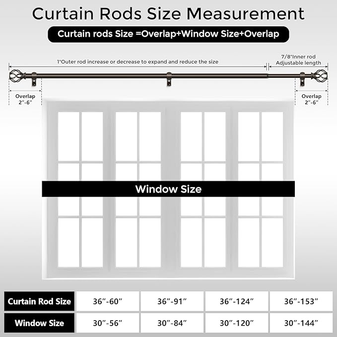 Long Bronze Curtain Rods for Windows 72 to 144 Inch, 1" Adjustable Decorative Window Treatment Rods with Aluminium Twisted Cage Finials, Heavy Duty Metal Farmhouse Drapery Pole, Easy Install