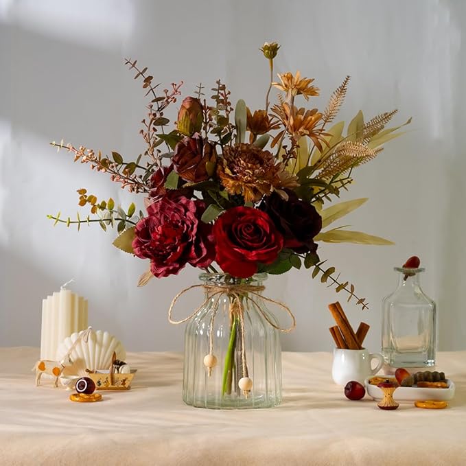 LESING Dahlia Flower Aritificial Flower with Vase Fake Silk Flowers in Glass Vase Faux Rose Flowers Arrangement for Home Office Table Centerpiece Decoration (Claret Red)