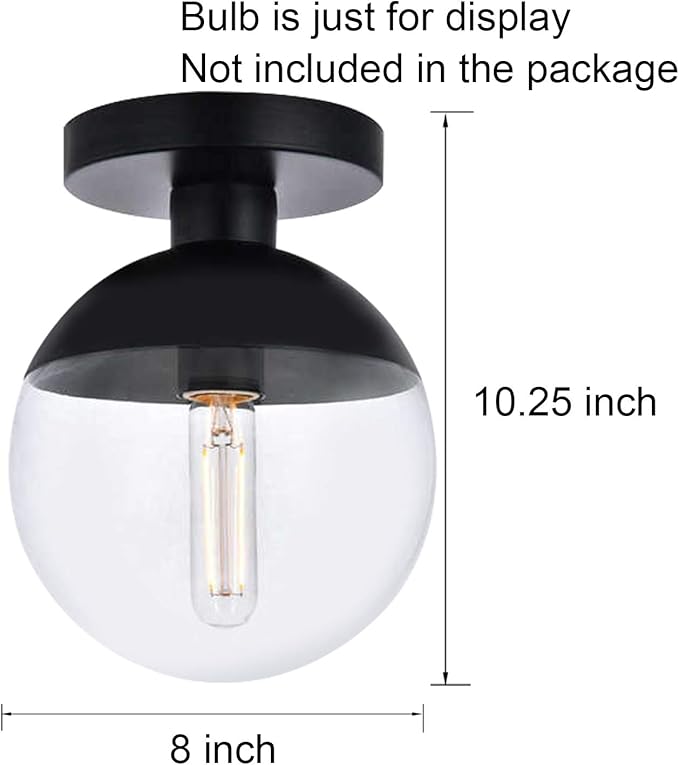 Modern Clear Glass Ceiling Light Fixture with 1-Light, A1A9 Industrial Sphere Glass Chandelier Fitting, E26 LED Semi-Flush Mount Pendant Lights for Kitchen, Bedroom, Bar, Counter, Cafe (Black)