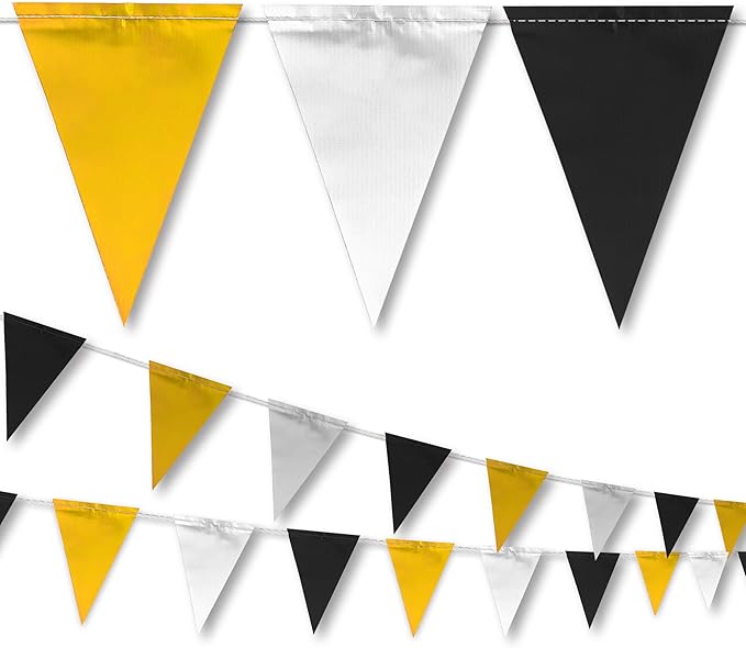 Yellow & White & Black Pennant Banner Flags | OSHA 500lb Rated | Strand Fade Resistant 【102FT】