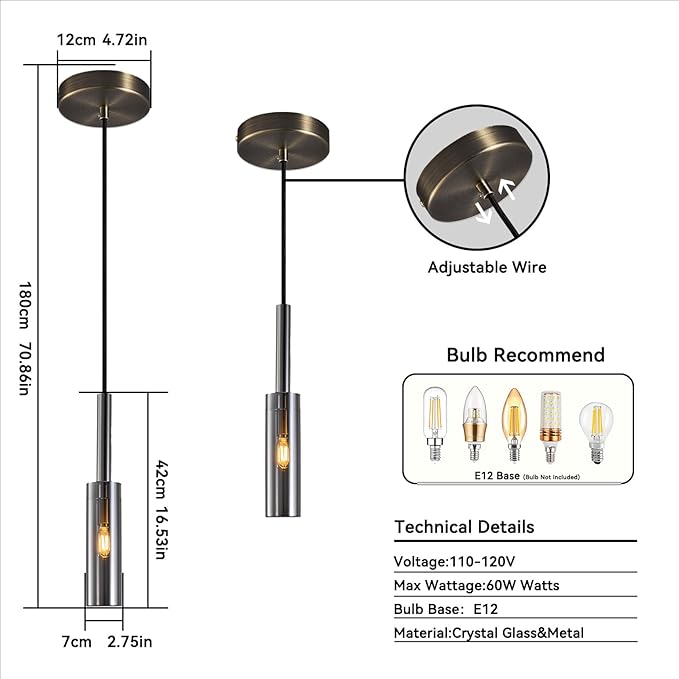 Crystal Pendant Light, Modern Kitchen Light Fixtures Mini Pendant Lights Industrial Pendant Lighting for Kitchen Island Dining Room Bedroom Entryway, Smoky Gray(1 Pack)