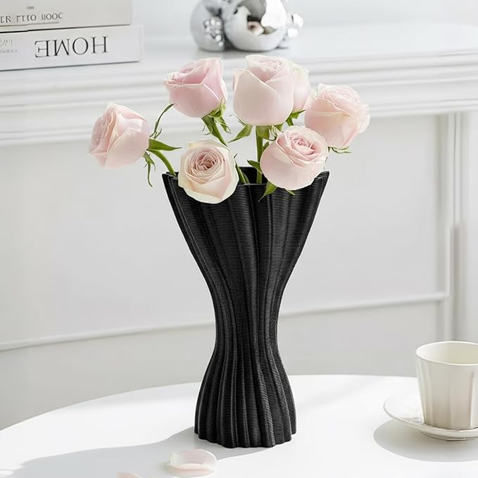Minimalist Black Ceramic Vase, Irregular Organic Shape Decorative Flower Vase for Home Decor, Wabi-Sabi Modern Accent for Living Room Table Shelf