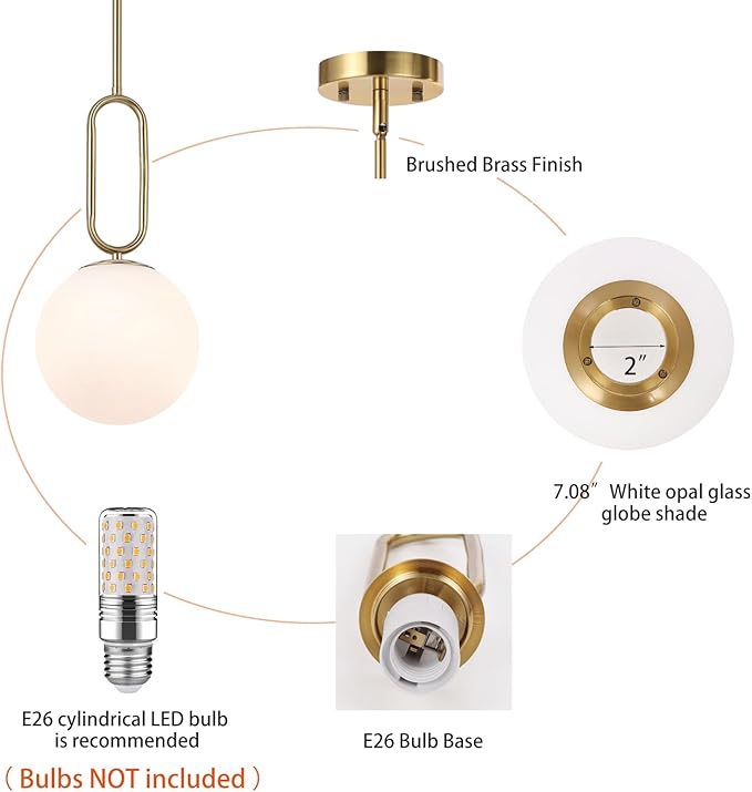 Modern Gold Globe Pendant Light White Globe Glass Shade 2 Pack Brushed Brass Finished Adjustable Rods Hanging Light Fixtures for Kitchen Island Living Room