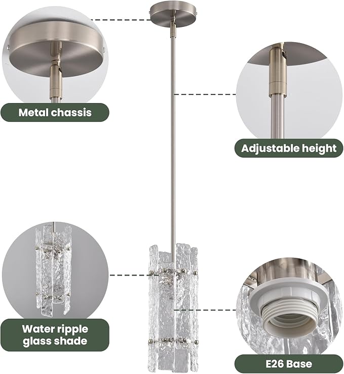 Modern Brushed Nickel Crystal Pendant Light for Kitchen Island, Luxury Mini Water Ripple Glass Chandelier Fixture, Round Adjustable Hanging Pendant Lighting for Dining Room Bedroom Hallway (1-Pack)