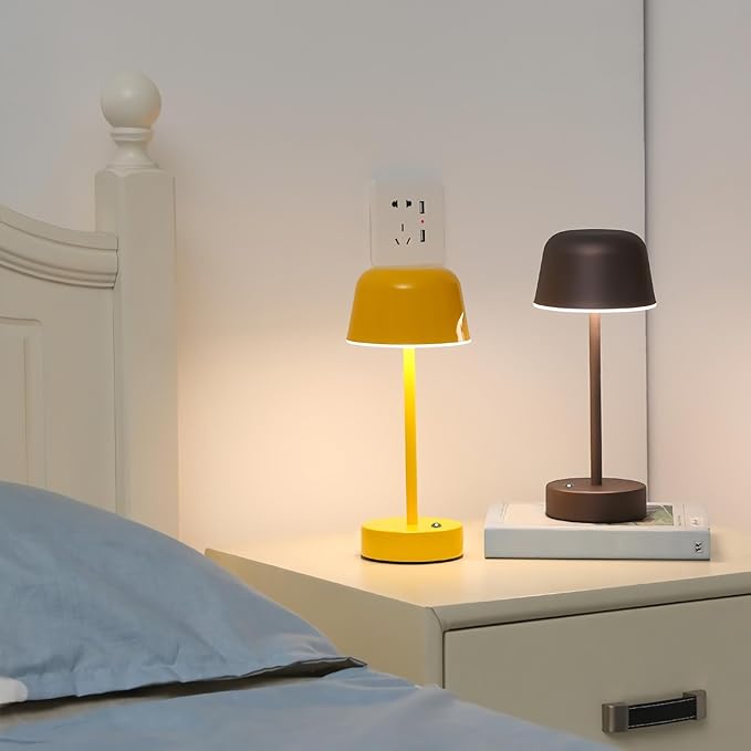 Rechargeable Table Lamp, Yellow Mushroom Table Lamp with USB Port, Battery Operated Touch Small Lamp for Nightstand, Bedside, Bedroom, Living Room, Dining Room