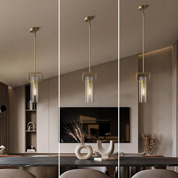 Modern Gold Kitchen Island Pendant Lights Set of 2, 12 Inch 1-Light Adjustable Pendant Light with Glass Shade & Brass Finish, Hanging Light Fixture for Kitchen, Dining Room, Bathroom, Living Room
