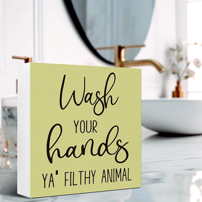 LVQHI Funny Bathroom Wood Block Signs,Wash Your Hands YA' Filthy Animal Wooden Box Sign for Bathroom Shelf Toilet Restroom Home Tabletop Desk Decor,Rustic Bathroom Sign Decor Green