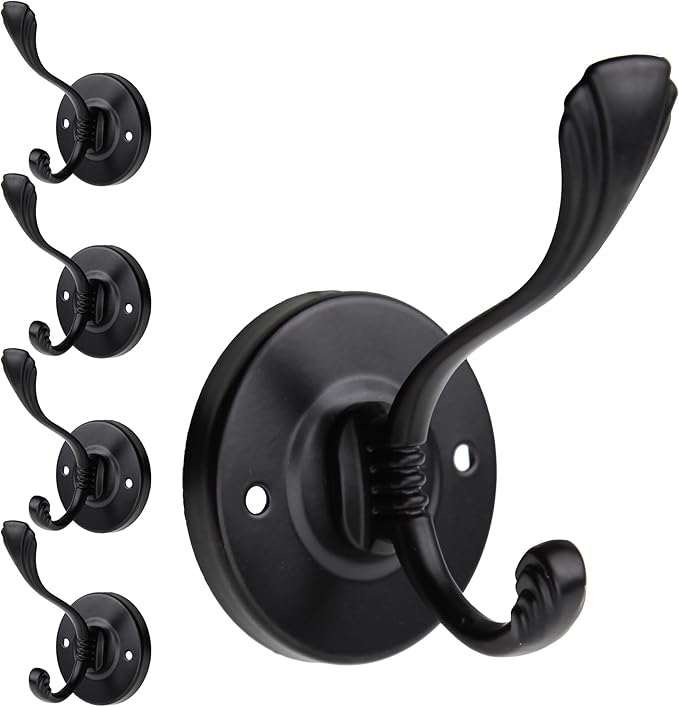 5pcs Farmhouse Wall Mounted Coat Hooks - Matte Black Metal Towel Hooks with Screws for Bathrooms, Entryway, Hanging Coats, Keys, Hats, Scarves, Robe, Bags