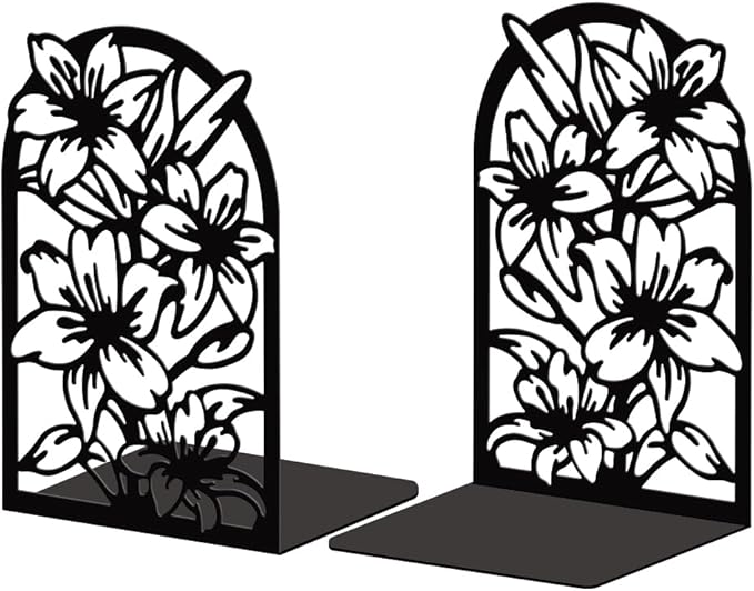 Peacoblue Metal Bookends for Shelves, Modern Decorative Heavy Duty Study Book Support Stoppers for Office, Desk, Shelf, Room 5.3"x4.3"x7.9" Cast Iron Simple Tall Bookends, 1 Pair (Lily Flower)