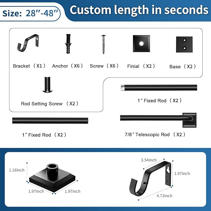 Black Curtain Rods for Windows 28-48Inch Heavy Duty French Return Rod, Wrap Around Blackout Curtain Rods, Adjustable Room Darkening Drapery Rod for Bedroom, Living Room, Sliding Door & Outdoor Patio