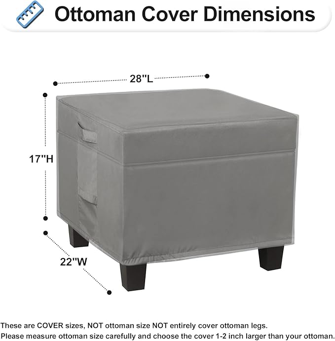 OutdoorLines Outdoor Waterproof Patio Ottoman Covers - Rectangle UV-Proof Patio Side Table Cover Windproof Heavy-Duty Furniture Covering Protector 28L x 22W x 17H Inch, Grey
