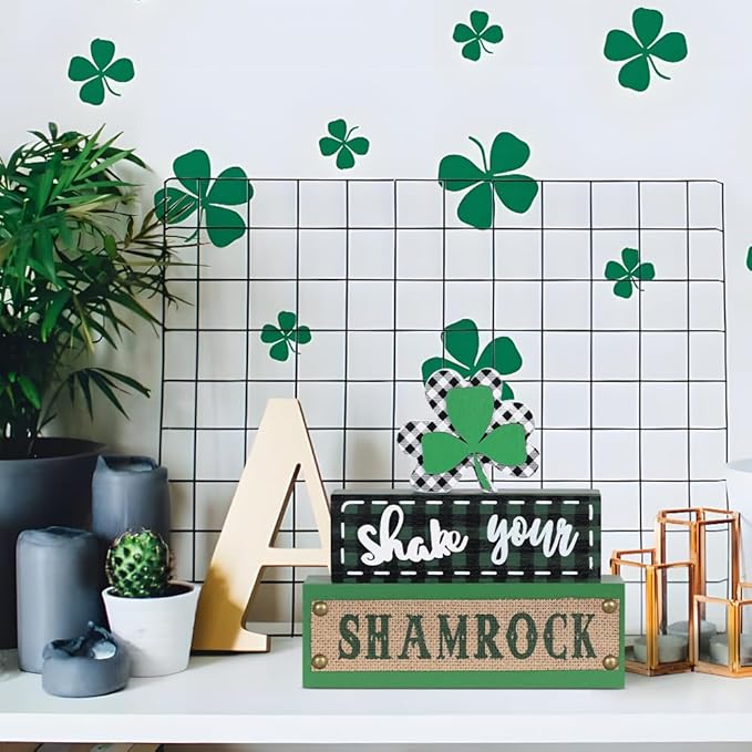 St Patricks Day Decorations, MEETYAMOR 3-Layered Shamrock Wood Block St Patricks Day Decor, Shamrock Ornaments Shake Your SHAMROCK Sign Saint Patricks Day Decorations for the Home, Table, Mantel