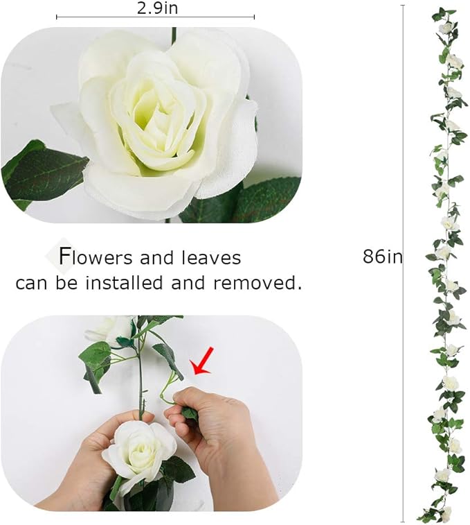 LESING Rose Garlands Artificial Rose Vines,4PCS(28.8FT) Fake Silk Flower Garland with Greenery Plants Wedding Hanging Flower Vines Garlands for Home Office Arch Garden Decoration (White)